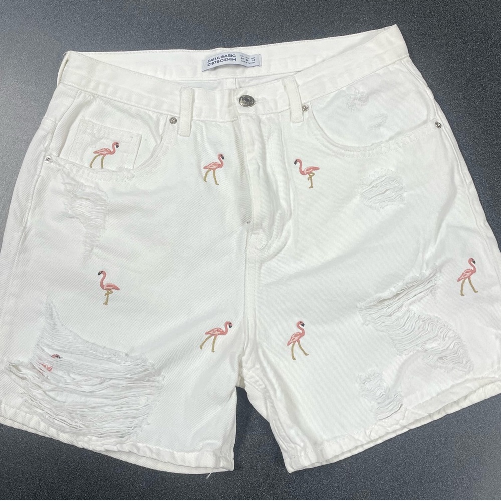 Zara White Jean Shorts with Flamingo Embroidery Women’s Size 8